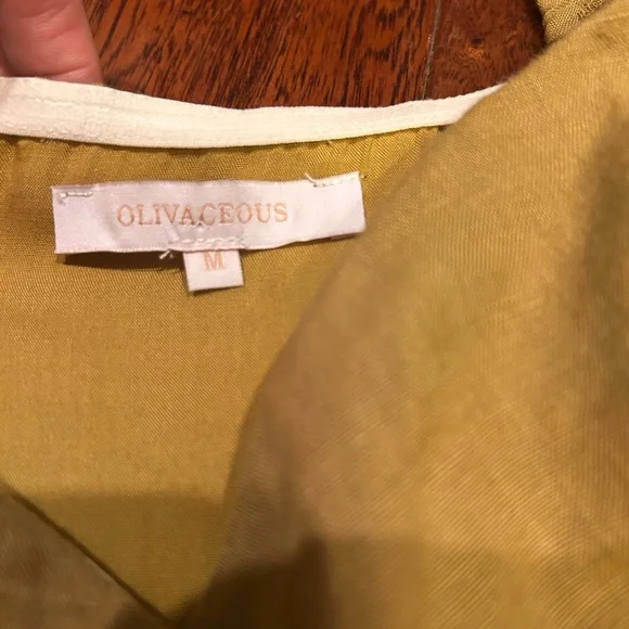 Olivaceous Sage Green linen blend Wrap mini dress elegant puff sleeves V neck - Picture 3 of 4